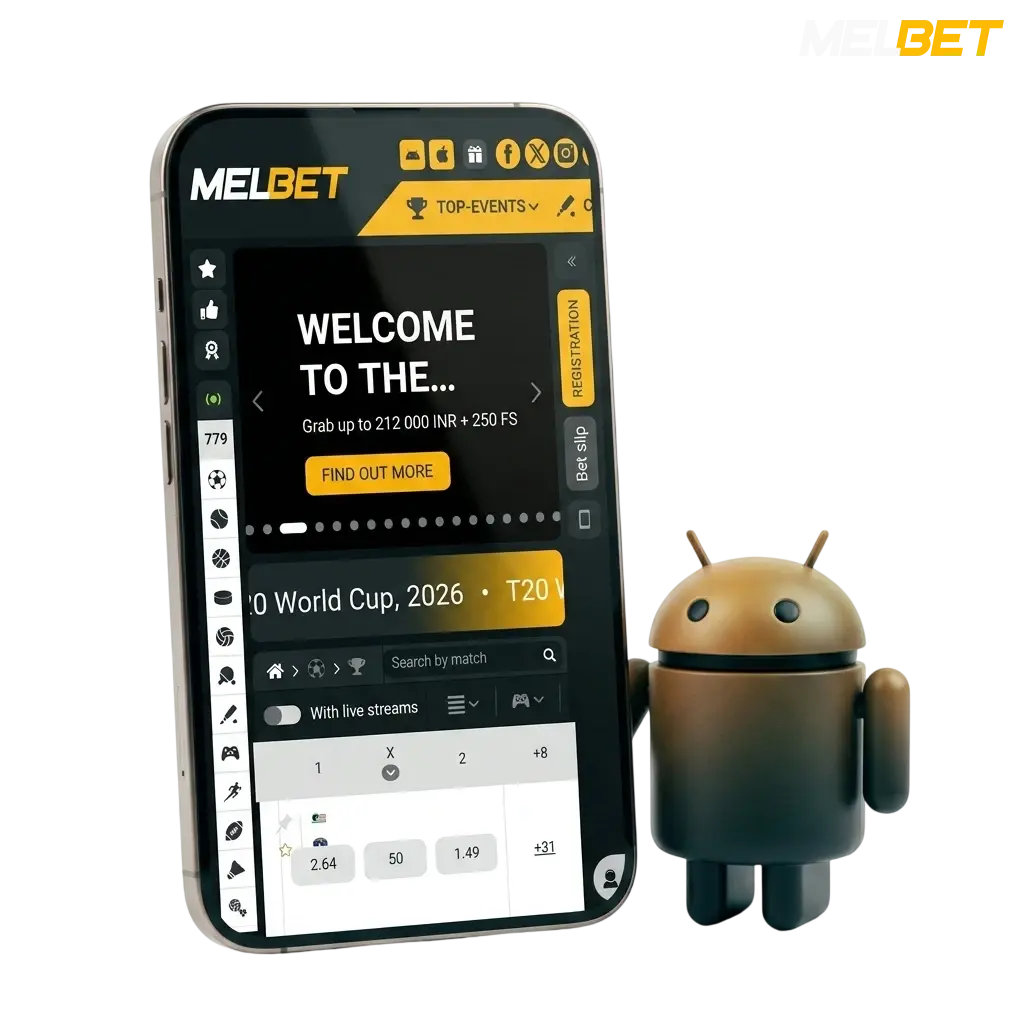 Melbet APK download page for Android with 300% welcome bonus up to 50,000 INR for new players