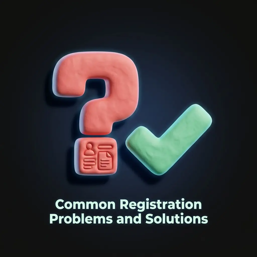 Table listing common registration problems like SMS verification, email confirmation, and social media login issues with solutions