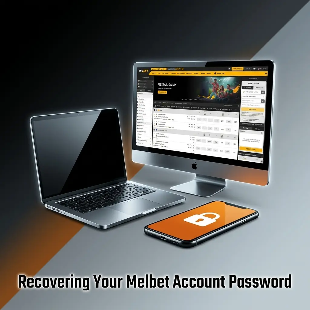 Melbet account password recovery screen showing forgot password link, reset code entry, and new password setup steps