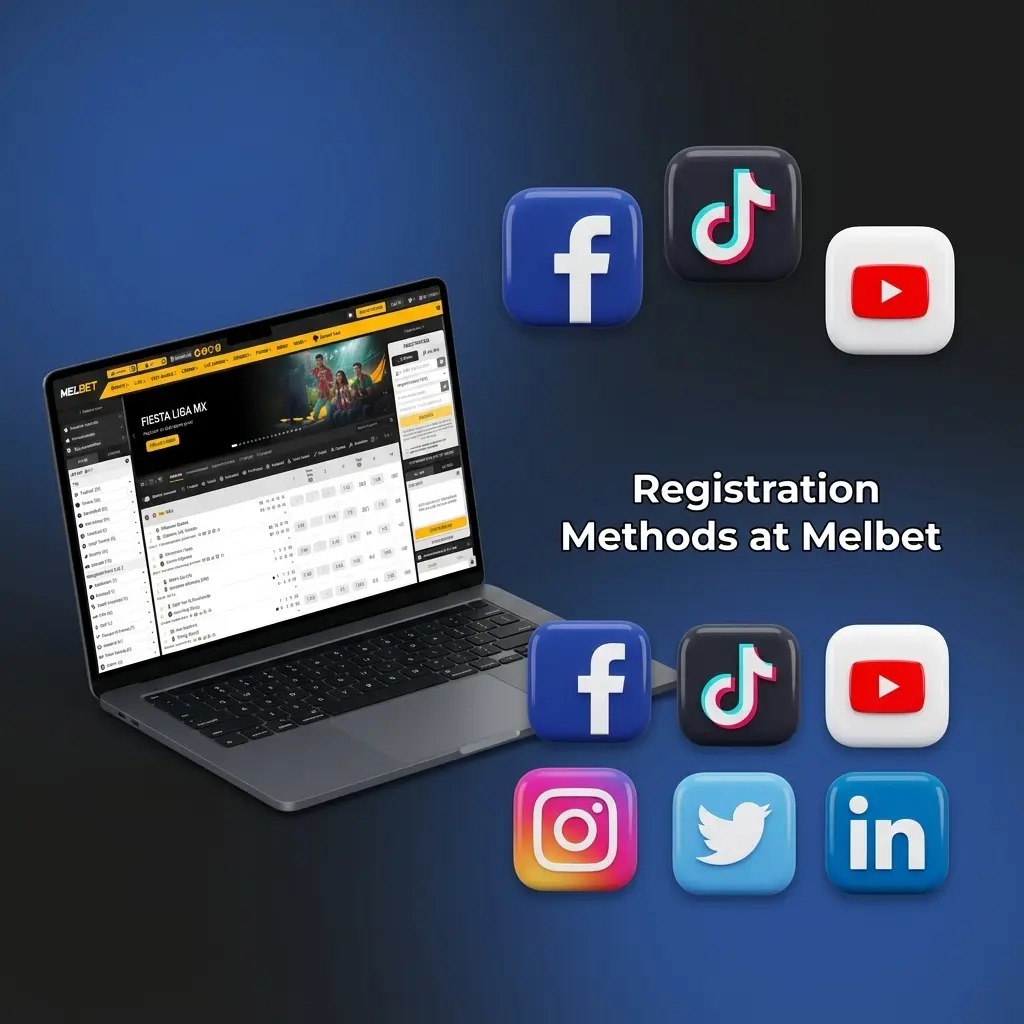 Melbet registration methods showing four options: one-click, phone, email, and social networks for Indian players